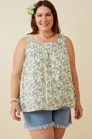 HY6749 GREEN Womens Botanical Print Square Neck Handerchief Tank Front